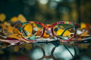 Picture nature in glasses reflecting autumn. Generate Ai photo