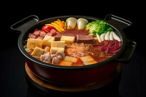 Korean food hot pot with vegetables and meat. Generate ai photo