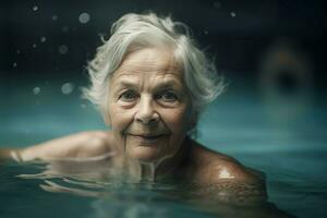 Envejecido contento mujer nadando piscina vueltas. generar ai foto