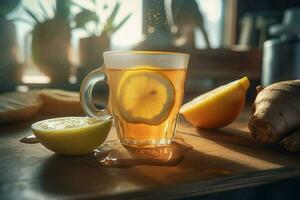 Ginger tea lemon honey morning breakfast. Generate Ai photo