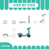 Step by step Drawing tutorial for kids. Easy level. Education sheets. How to draw scooter vector