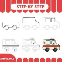 Step by step Drawing tutorial for kids. Easy level. Education sheets. How to draw ambulance vector