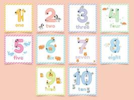 Set with learning numbers flashcards for kids. Tracing guide with count animals. Vector