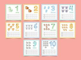 Learning numbers worksheet for kids. Set of number tracing from 1 to 10.  Flashcards with animals. vector