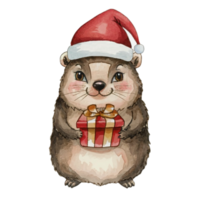 Groundhog Holding a Gift Box Wearing A Santa hat AI Generative png