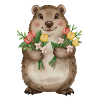 Groundhog Holding Flowers AI Generative png