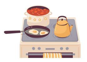 Kettles and pot on the kitchen stove. Soup and fried eggs are cooked on the stove. Home cooking. Cartoon flat vector illustration.