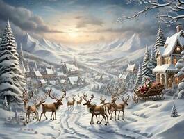 un invierno mundo maravilloso con un Nevado Navidad paisaje presentando de santa trineo y reno foto