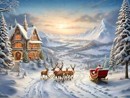un invierno mundo maravilloso con un Nevado Navidad paisaje presentando de santa trineo y reno foto