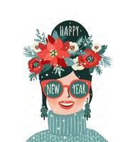 Christmas and Happy New Year isolated illustration of young woman. Trendy retro style. Vector design template.