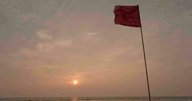 rojo bandera en playa en mar o Oceano a puesta de sol como símbolo de peligro. el mar estado es considerado peligroso y nadando es prohibido. video
