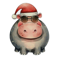 hippopotame portant foncé des lunettes et une Père Noël chapeau ai génératif png