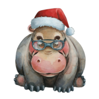 hippopotame portant foncé des lunettes et une Père Noël chapeau ai génératif png