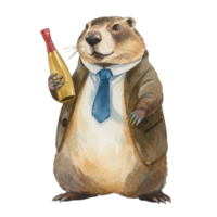 Groundhog  Holding Champagne Bottle AI Generative png
