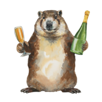 Groundhog  Holding Champagne Bottle AI Generative png