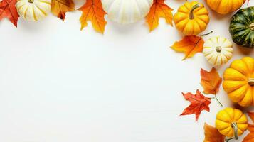 con temática otoñal marco con un colección de calabazas y vibrante otoño hojas en un prístino blanco antecedentes ai generativo foto