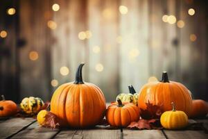 Autumnal Background of Ripe Orange Pumpkins on A Wooden Table AI Generative photo