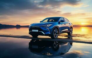 At dusk, a blue compact SUV with a sporty, contemporary appearance is parked on a concrete road by the water. ecologically sound technology. Concept of business success. AI Generative photo