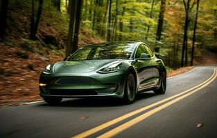 NC RALEIGH US, 17 APRIL 2020 A brand-new Tesla Model 3 all-electric car traveling over a rural route. AI Generative photo