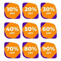 SET SALE TAG BADGE TEMPLATE FLAT COLOR DESIGN. OFFER WITH DIFFERENT DISCOUNT FROM 10, 20, 30, 40, 50, 60, 70, 80, 90 PERCENT OFF.MODERN DESIGN VECTOR FOR YOUR BUSINESS