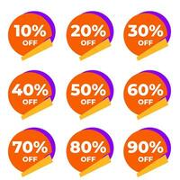 SET SALE TAG BADGE TEMPLATE FLAT COLOR DESIGN. OFFER WITH DIFFERENT DISCOUNT FROM 10, 20, 30, 40, 50, 60, 70, 80, 90 PERCENT OFF.MODERN DESIGN VECTOR FOR YOUR BUSINESS