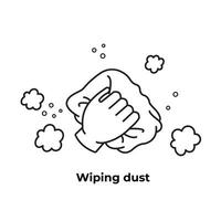 Hand wiping dusts with cloth vector icon set with black outline isolated on square white background. Simple flat minimalist monochrome cartoon art styled drawing.