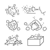 Dust particles piles, blowing dust on surface and wiping dust vector icon set collection outline isolated on square white background. Simple flat minimalist monochrome cartoon art styled drawing.