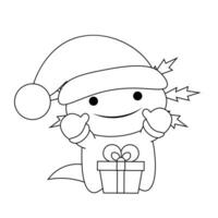 Cute cartoon Axolotl Santa Claus and gift box in black and white vector