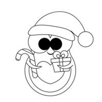 Cute Avocado Santa Claus with a heart shaped stone in black and white vector