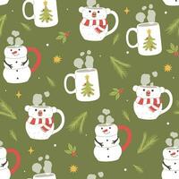 Seamless Christmas pattern with festive mugs. Vector graphics.