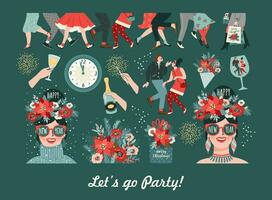 Set of Christmas and Happy New Year isolated illustrations. Clipart. Trendy retro style. Vector design templates.