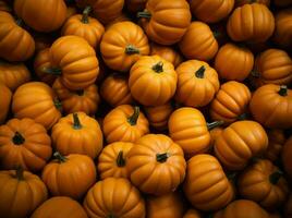 pila de grande naranja calabazas durante cosecha tiempo, acción de gracias y celebracion decoración antecedentes ai generativo foto