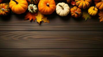 Set of Various Pumpkins and Maple Leaves on A Dark Wooden Table, Space For Text, Invitation AI Generative photo