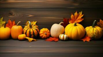 Pumpkins and Autumn Leaves Laid on a Dark Wooden Surface, Thanksgiving Background, Space For Text AI Generative photo