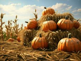 Multiple Ripe Orange Pumpkins In Harvesting Field Over Stacks of Straw Bales AI Generative photo