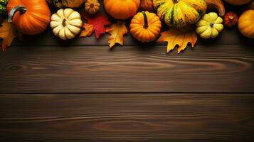 clasificado otoño acción de gracias elementos descansando en un oscuro de madera superficie, espacio para texto, invitación ai generativo foto