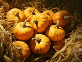 Pile of Ripe Orange Pumpkins In Harvesting Field Over Straw Bales AI Generative photo