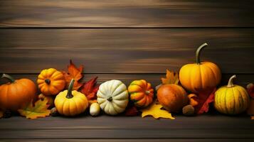 Various Pumpkins and Colorful Autumn Leaves Displayed Against a Dark Wooden Background AI Generative photo