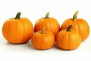 5 Pumpkins On White Background, Thanksgiving And Ceremonial Decoration Design Background AI Generative photo