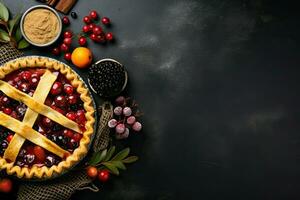 Berry Pie Along With Various Fruits Top View For Thanksgiving Invitation Space For Text AI Generative photo