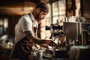 Male barista making coffee on espresso machine. Cozy cafe with natural light. Man with beard and tattoos preparing coffee for customers. International coffee day concept. AI Generative photo