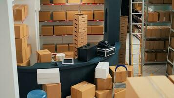 Empty storage room with desk space and shelves or racks, warehouse used for merchandise and shipping goods to customers. Business development to ship products, stock distribution. photo