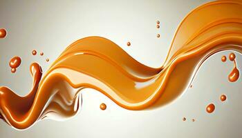 Delicious melted caramel texture. Flow, wave and drops splash caramels sauce. Sweet food design background. Generative AI photo