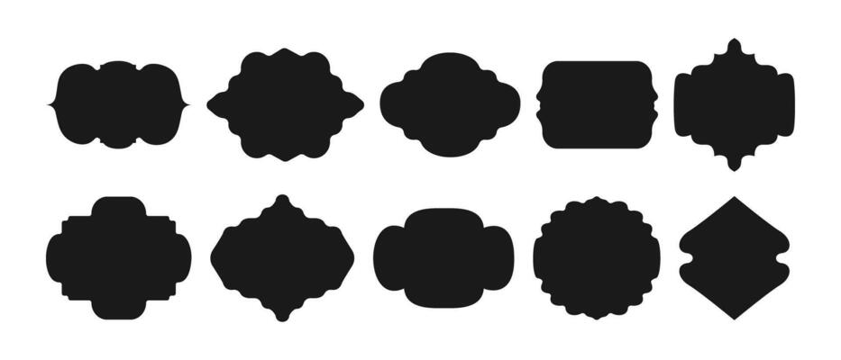 Vintage style black labels and frames. Set of form for text. Blank retro shape of badge, discount sales tag, insignia, price sticker. Collection of different vector icons.
