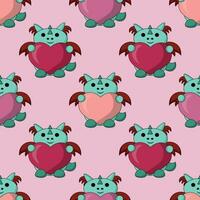 Seamless pattern with cute dragon with heart vector