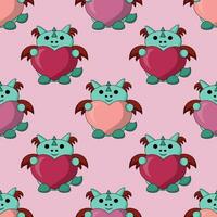 Seamless pattern with cute dragon with heart vector