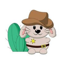 Cartoon cute Rabbit Cowboy Sheriff with cactus in color vector