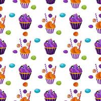 Seamless pattern design with pastries, candies, cookies and cupcake with cream on a white background. Seamless cupcake pattern. For wrapping paper, packaging, fabric, wallpaper. vector