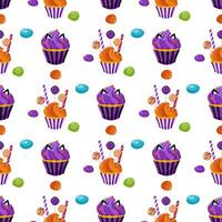 Seamless pattern design with pastries, candies, cookies and cupcake with cream on a white background. Seamless cupcake pattern. For wrapping paper, packaging, fabric, wallpaper. vector