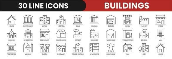 Set of 30 Buildings line icons set. Buildings outline icons with editable stroke collection. Includes Hotel, House, Lighthouse, Hospital, Airport and More. vector